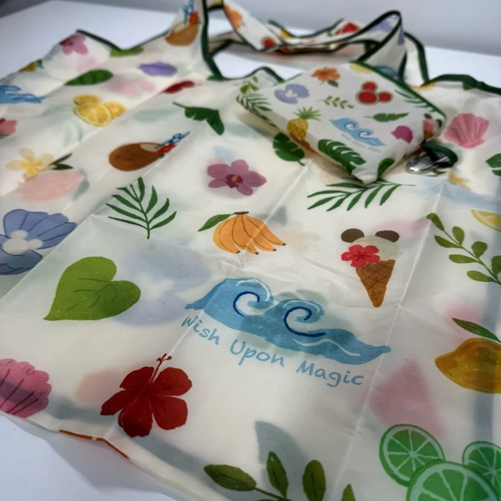 Reusable Packable Tote Bag In Pouch Seashells Palm Leaves Flowers Travel